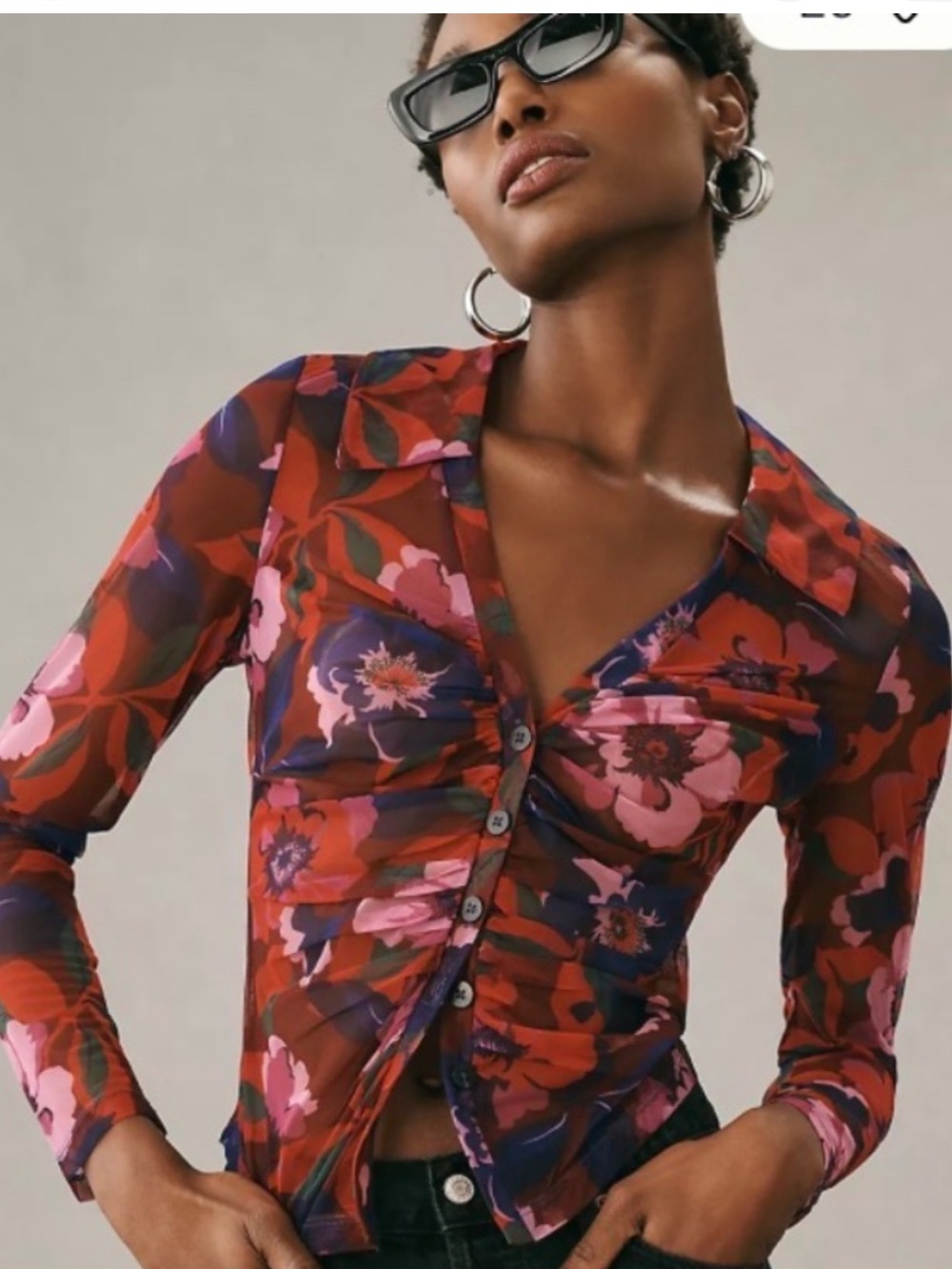 Maeve Floral Sheer Button-Down Top in Red and Pink NWOT